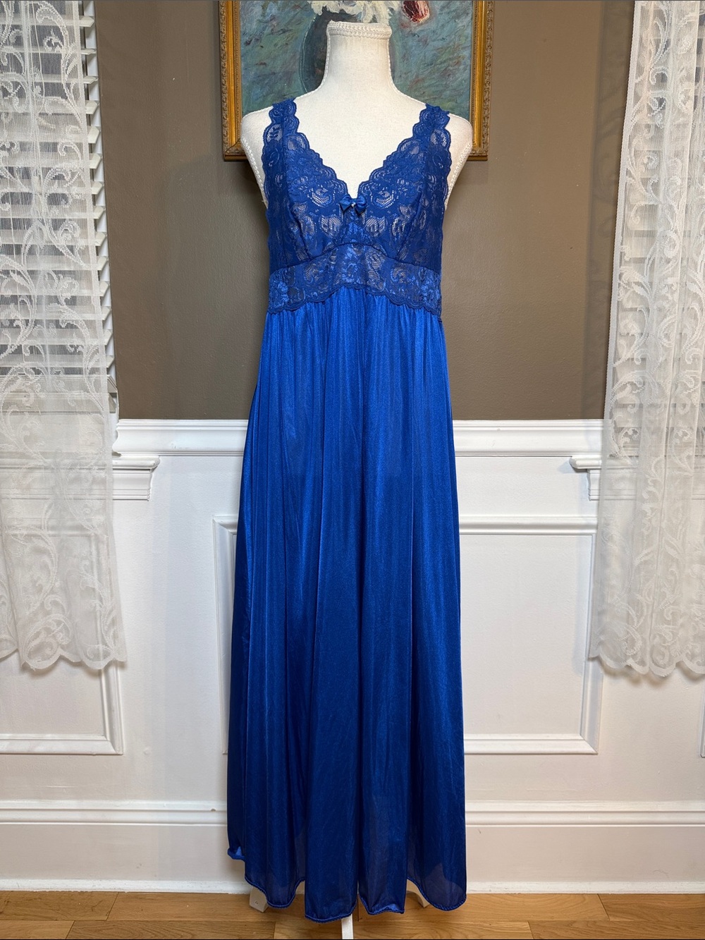 Shadowline Royal Blue Lace Maxi Nightgown Slip Dress Large